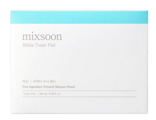 Verpakking van Mixsoon Bifida Toner Pad met lichtblauwe bovenkant en tekstdetails.