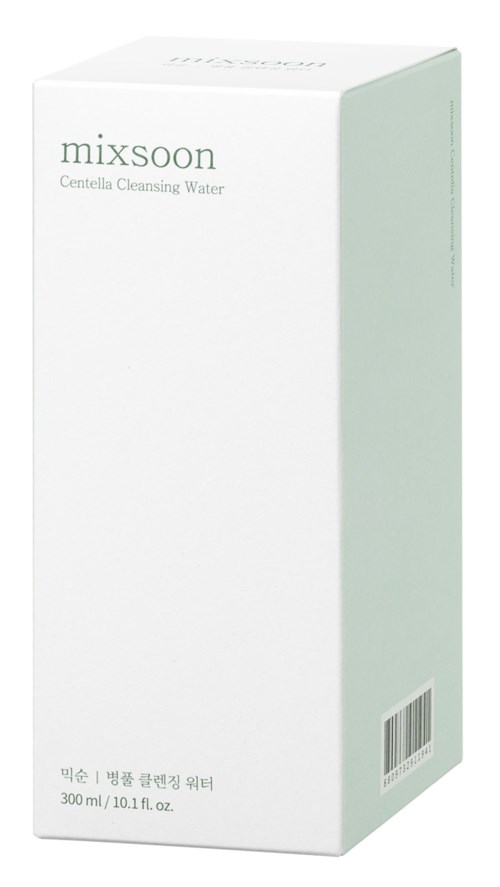 Een hoge witte doos met minimale tekst, waarschijnlijk een huidverzorgingsproduct genaamd Mixsoon Centella Cleansing Water.