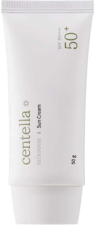 Een witte tube Centella gezichts zonnecrème met SPF 50+ en 50g gewicht.