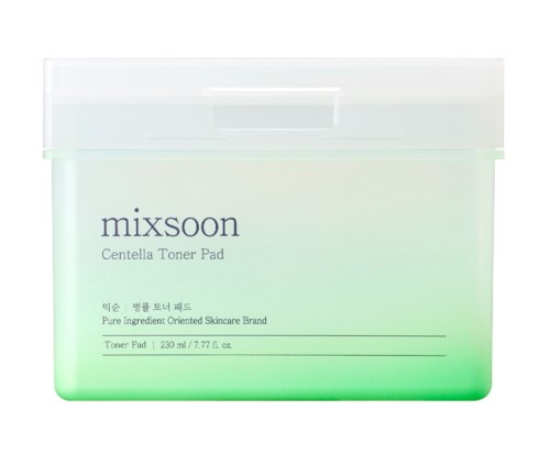 Een groene en witte container met label 'mixsoon Centella Toner Pad' met tekst in het Engels en Koreaans.