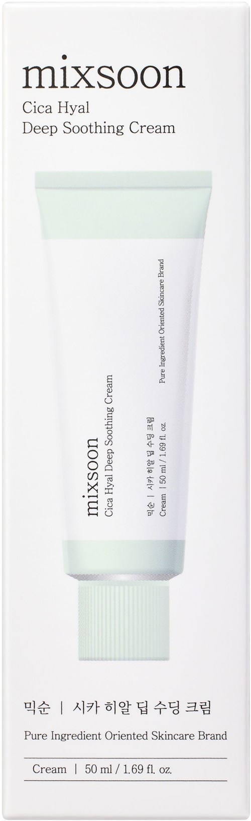 Eine weiße Tube Mixsoon Cica Hyal Deep Soothing Cream mit grünen Akzenten, vor ihrer Verpackung gezeigt.