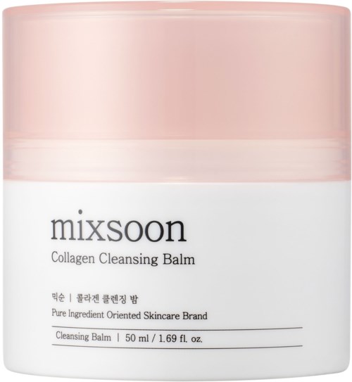 Ein weißer Behälter mit rosa Deckel, beschriftet 'mixsoon Collagen Cleansing Balm.'. Es erwähnt reine Inhaltsstoffe und 50 ml Größe.