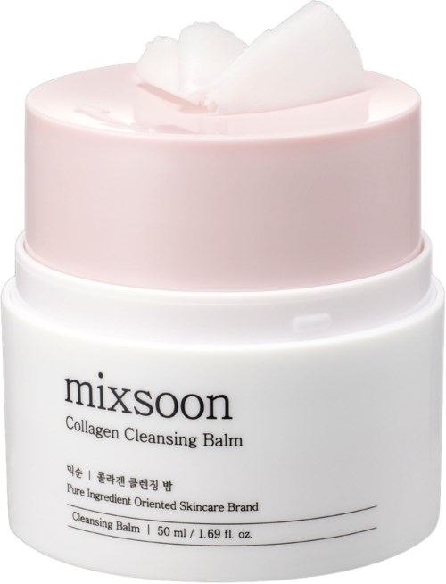 Ein weißer Behälter mit rosa Balm oben, beschriftet 'mixsoon Collagen Cleansing Balm, 50ml, Hautpflegeprodukt.'