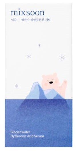 Een schattige beerillustratie boven een berg met water en sterren, op een huidverzorgingsproductetiket.