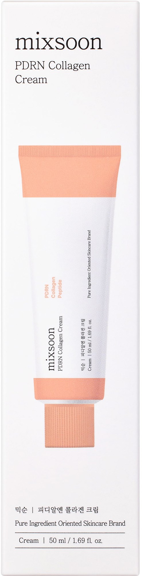 Eine weiße Tube Hautcreme mit der Beschriftung 'mixsoon PDRN Collagen Cream' mit rosa Akzenten und Anweisungen.