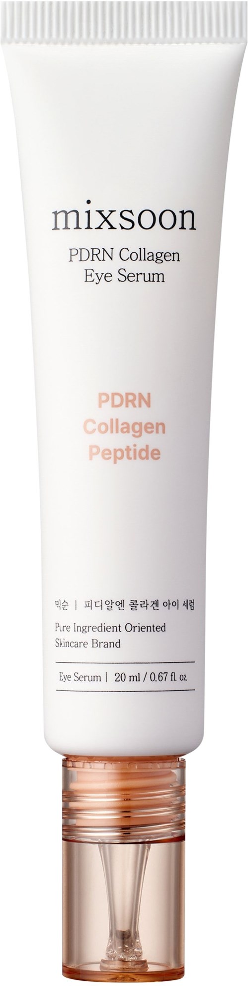 A white tube of Mixsoon PDRN Collagen Eye Serum with a rose gold cap and clear text on front.
