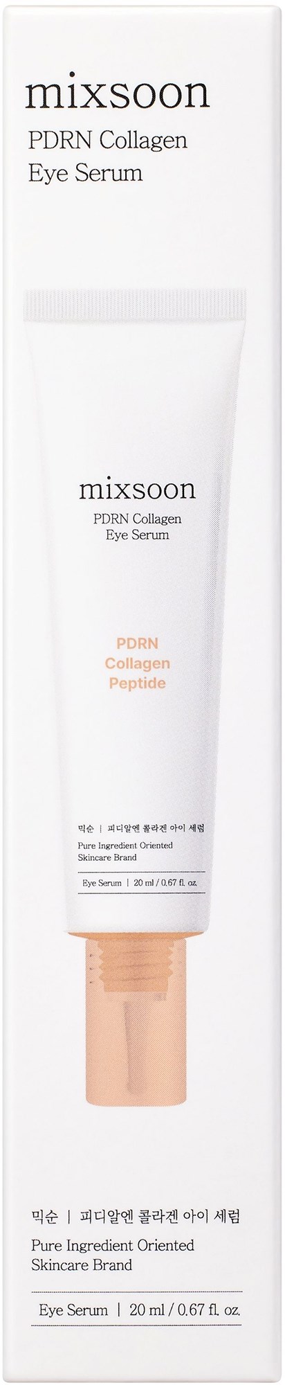A white tube of Mixsoon PDRN Collagen Eye Serum, with small text and a peach-colored applicator cap.