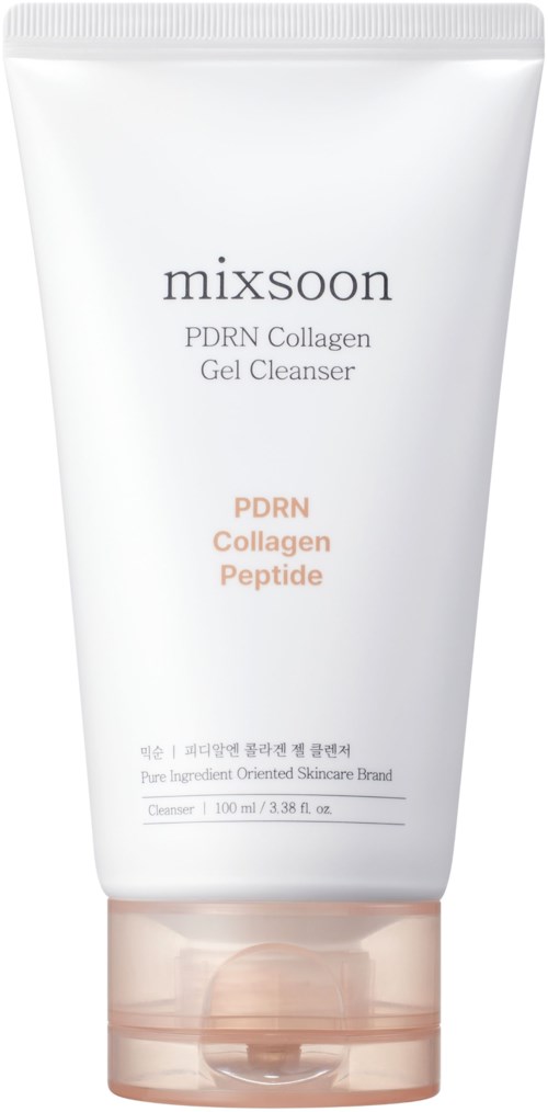Weiße Tube mit Hautpflegegel mit Aufschrift 'mixsoon' zur Reinigung, enthält PDRN, Kollagen und Peptide, 100 ml.