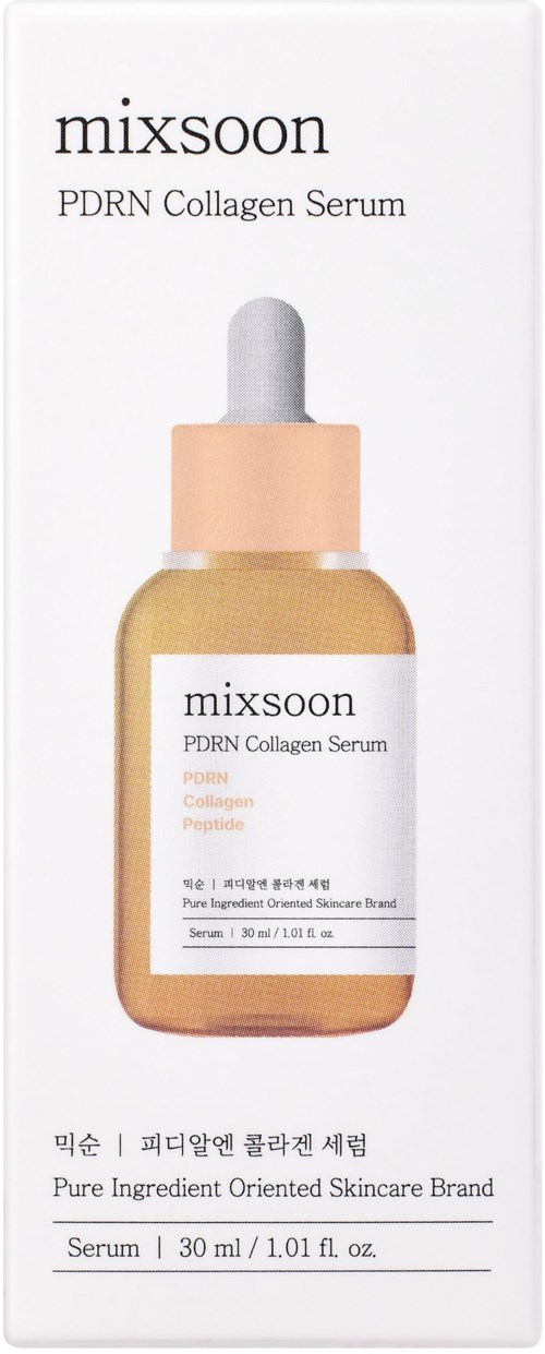 Ein Hautpflegeprodukt in einer Tropfflasche mit Beschriftung 'Mixsoon PDRN Collagen Serum'. Text und Beschreibung der Inhaltsstoffe und Größe.