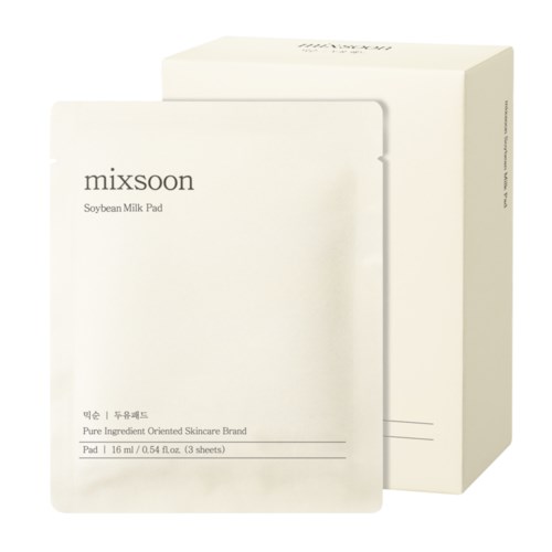 Een witte doos met soyamelk-onderleggers, drie vellen, merk Mixsoon, voor huidverzorging, in eenvoudige verpakking.
