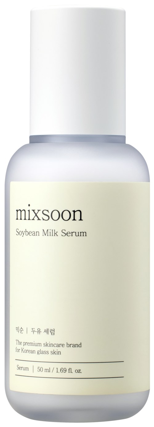 Een witte fles met een label dat zegt 'mixsoon Soybean Milk Serum'. Het label vermeldt ook dat het voor Korean glass skin is.