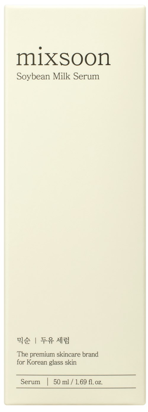 Een lange, eenvoudige witte doos met zwarte tekst voor een sojamelk huidserum. Het vermeldt Koreaanse glas huid en bevat 50 ml.