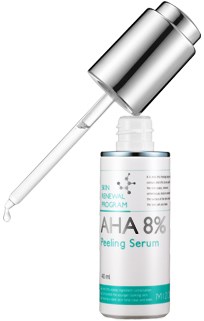 Een zilveren druppelflesje met AHA 8% peelingserum, witte container en blauwe label.
