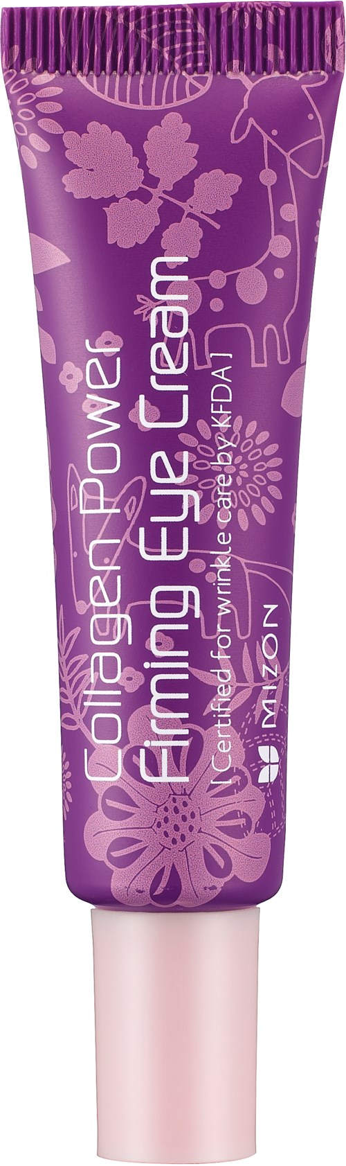 Lila tube met vrouwelijke oogcrème met bloemenpatroon en tekst.