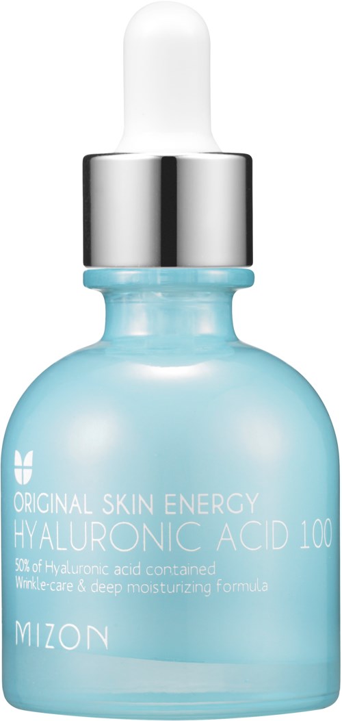 Een lichtblauwe huidverzorgingsfles met witte druppel-top en zilveren ring, gemarkeerd 'Hyaluronic Acid 100' door Mizon.