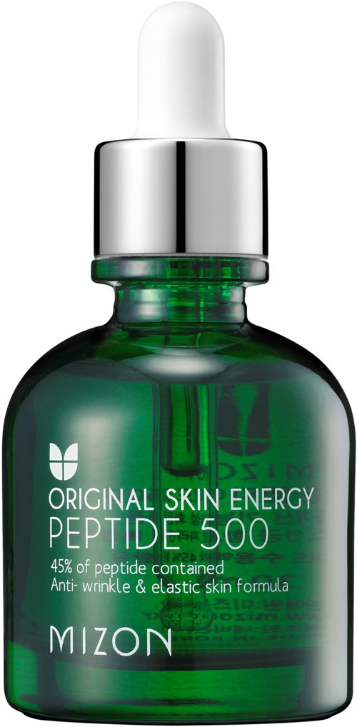 Groene glazen fles met witte druppeldop, gelabeld als Mizon Skin Energy Peptide 500. Voor huidverzorging.