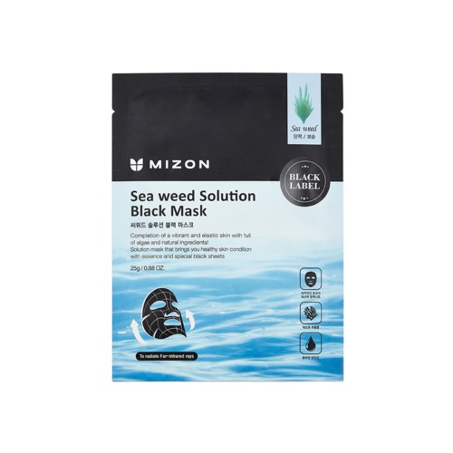 Zwarte verpakking met blauw waterontwerp en witte tekst voor een zeewierzwart masker product.