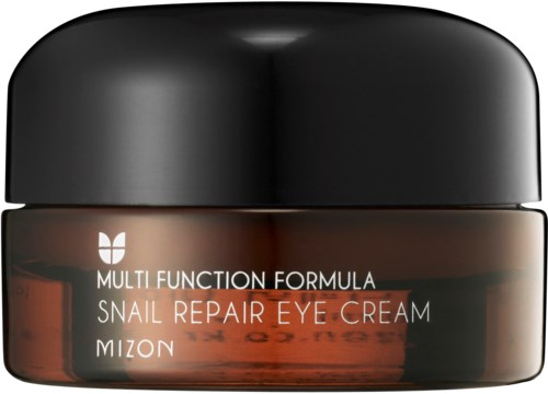 Een potje oogcrème met zwarte deksel, gelabeld 'Multi Function Formula Snail Repair Eye Cream Mizon.'