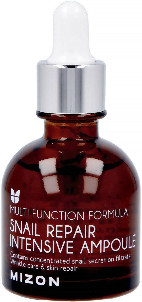 Klein, donkerbruin flesje met een witte druppeldop, gemarkeerd 'Snail Repair Intensive Ampoule' voor huidverzorging.