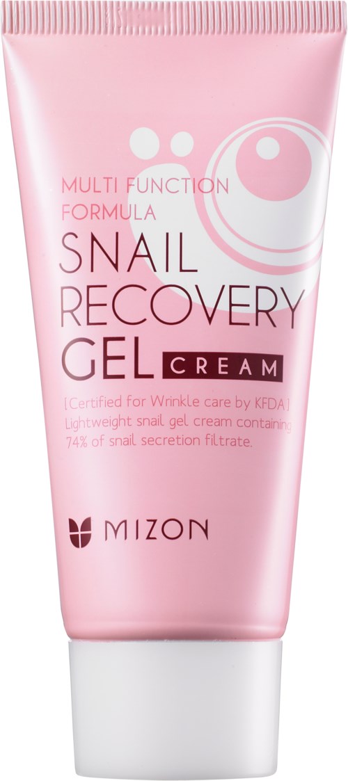 Roze tube met snail recovery gel crème met witte dop, door Mizon, voor rimpelzorg en huidherstel.