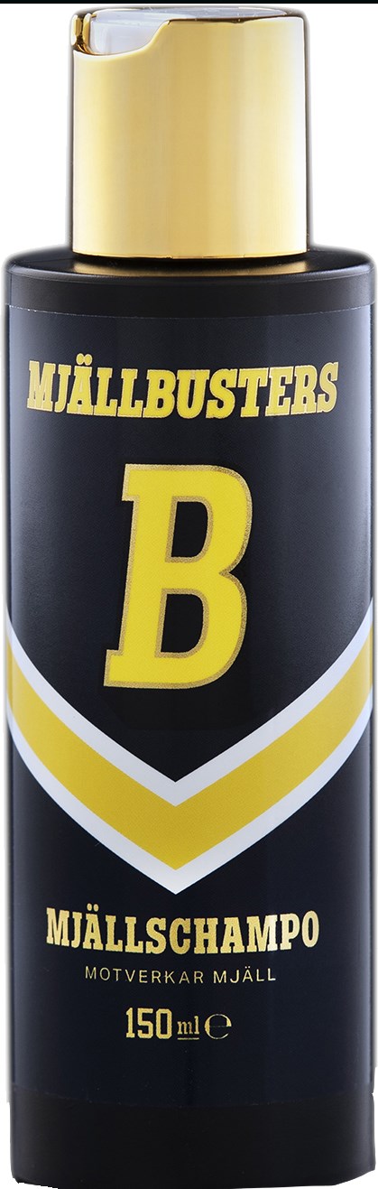A black bottle with a gold cap, yellow and white label, and text about a special shampoo for horses.