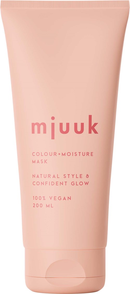 Roze tube met label 'mjuuk' en beschrijvingen van masker, veganistisch, 200 ml capaciteit.