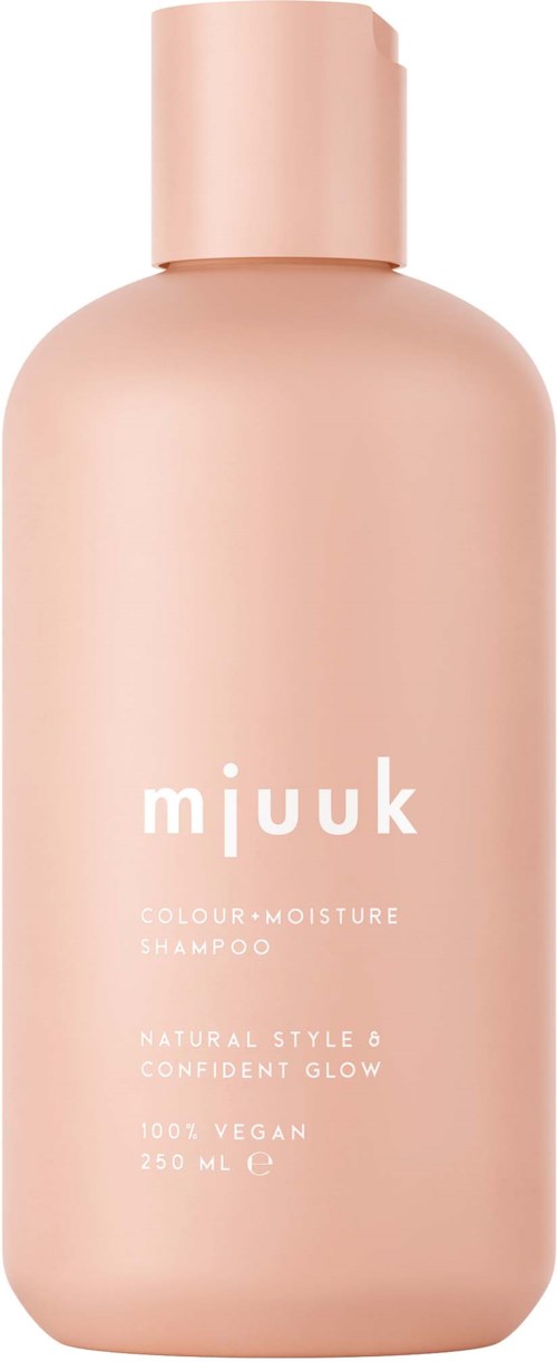 Een roze shampoo fles met witte tekst, 250 ml, voor natuurlijke stijl en zelfverzekerde glans.