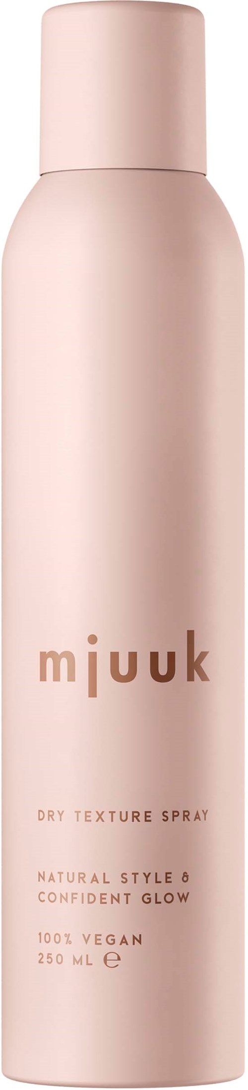 Een hoog, lichtroze fles met 'mijuk' en details over een droog textuurspray voor zelfverzekerde glans.