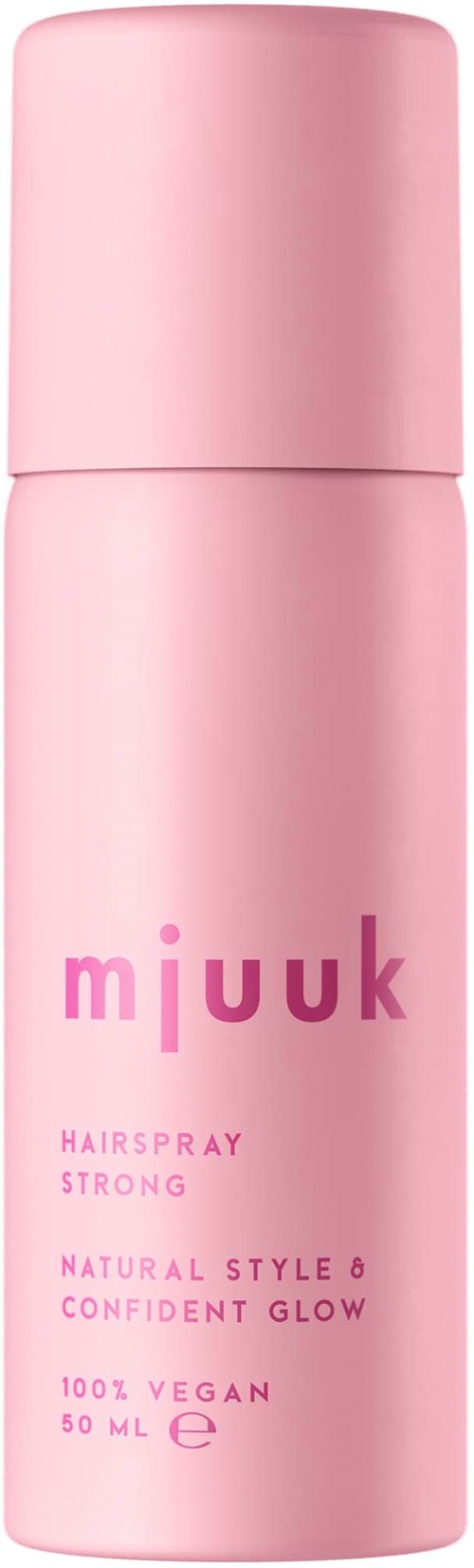 Eine rosa Haarsprayflasche mit dem Markennamen 'mj uuk' und Informationen für veganen und natürlichen Stil.
