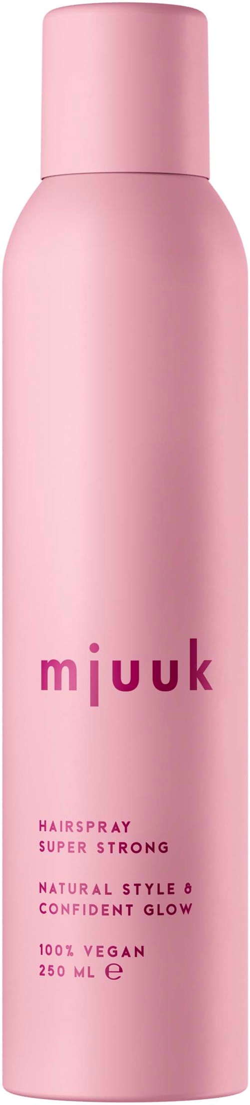 Roze cilindervormige fles van Mjiuk haarspray met productinformatie.