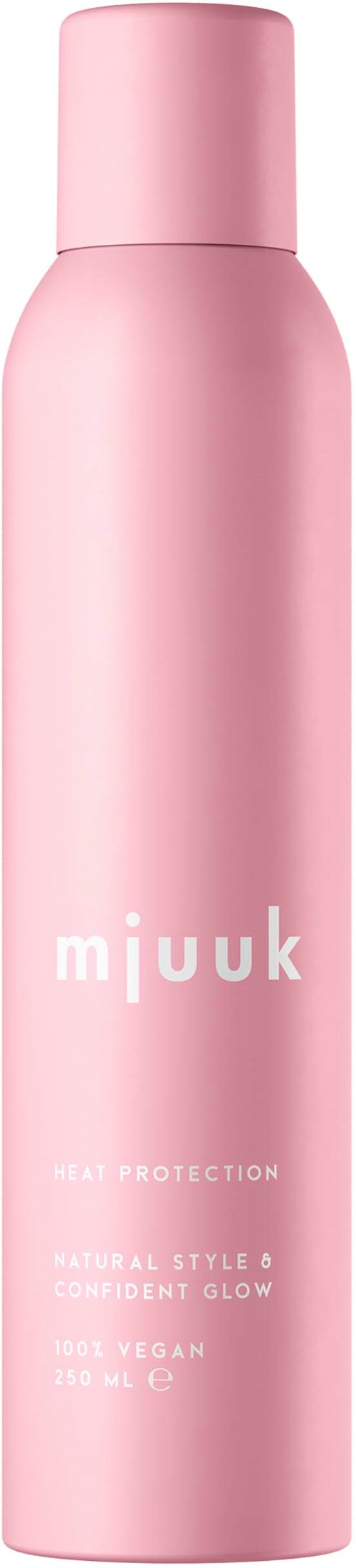 Een roze fles met witte tekst zegt 'miyuk' en noemt natuurlijke stijl, zelfverzekerde glow, veganistisch en 200ml.
