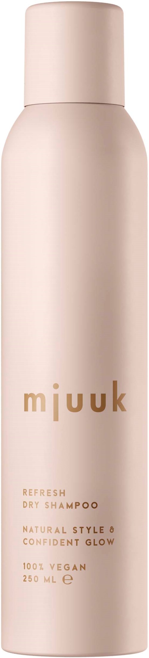 Een lange, lichtgekleurde fles van Mijuk droogshampoo met tekst over zijn eigenschappen en veganistische status.