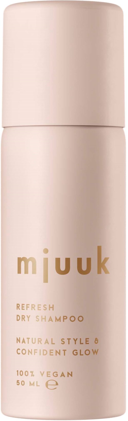 Een witte fles met 'mj uku', bevat droogshampoo, veganistisch, 50 ml, eenvoudig ontwerp.