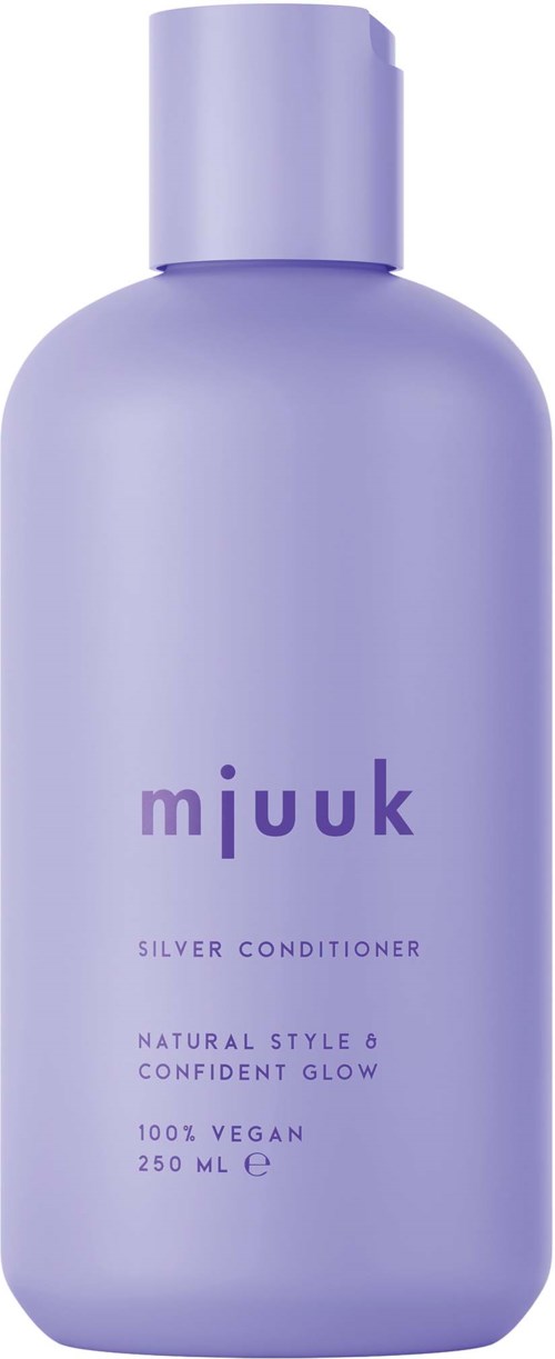 Een paarse fles met label 'mjuuk' en 'Silver Conditioner', 250 ml, vegan en natuurlijk.