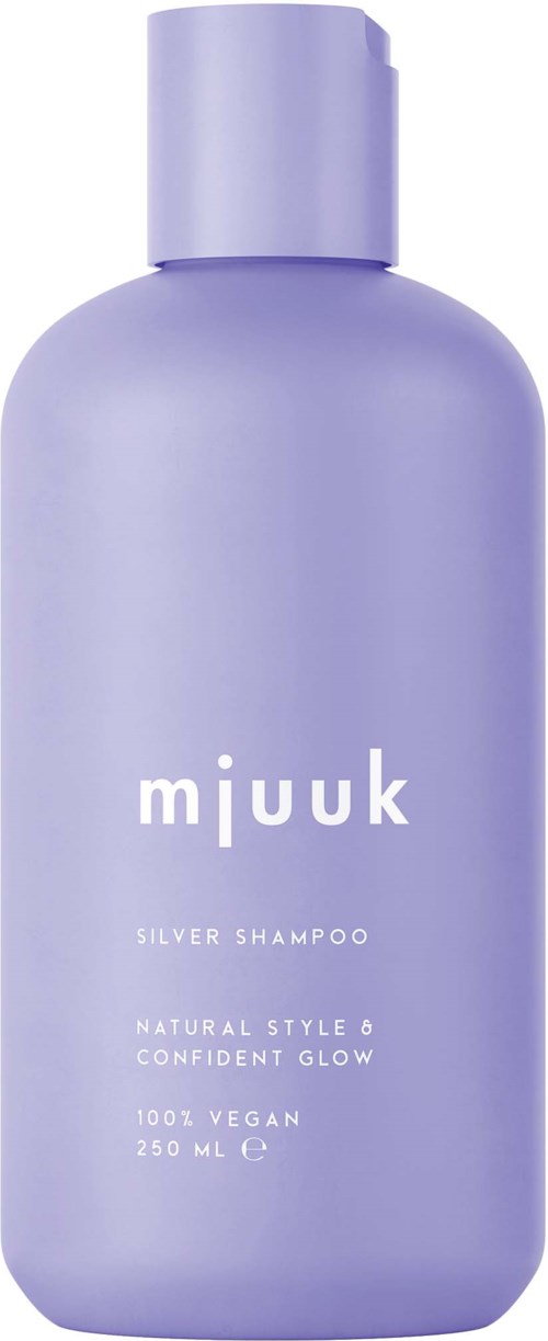 Een paarse fles Mjuuk Silver Shampoo met witte tekst, zegt dat het vegan en natuurlijk is, 250 ml.
