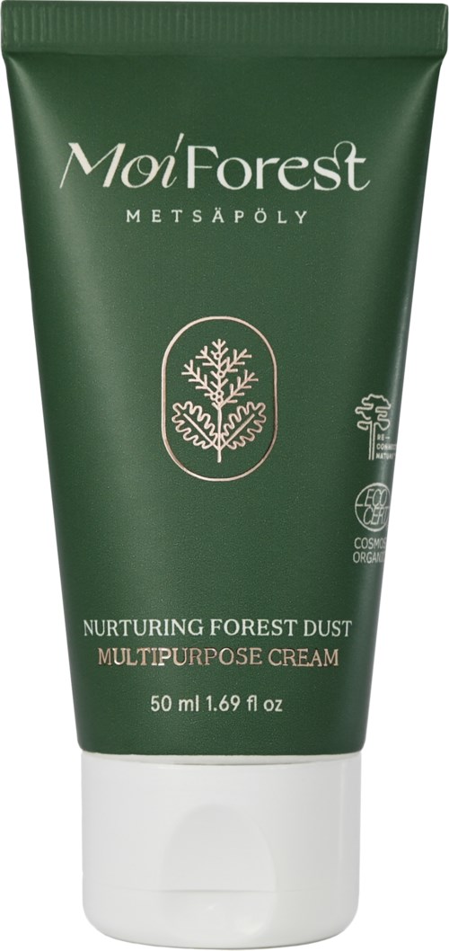 Green tube of nourishing forest dust multipurpose cream with tree logo and text. Contains 50 ml.
