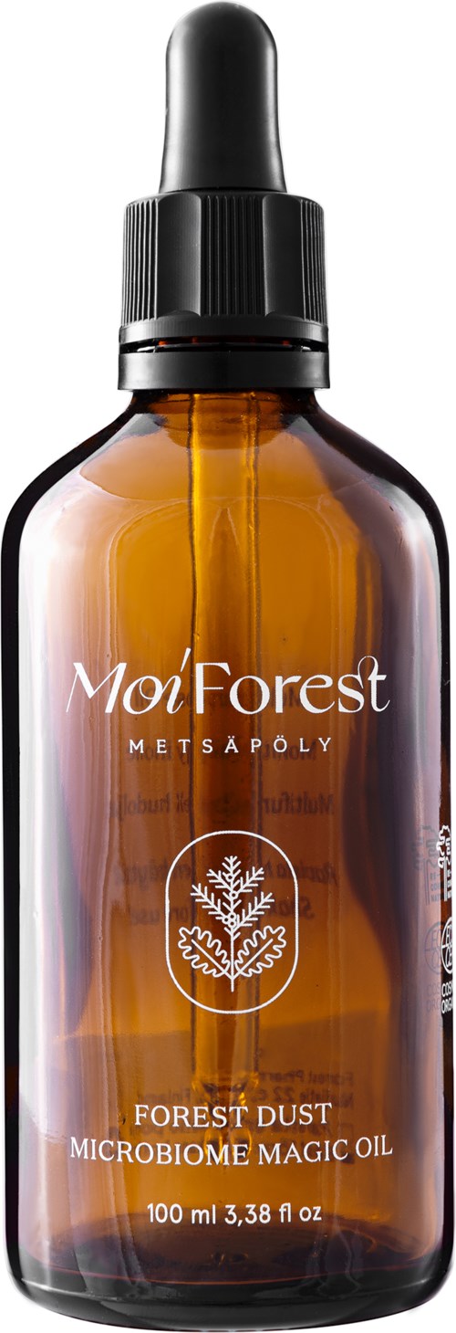 A brown glass bottle with a black dropper lid, labeled 'Moi Forest' and 'Forest Dust Microbiome & Magic Oil.'