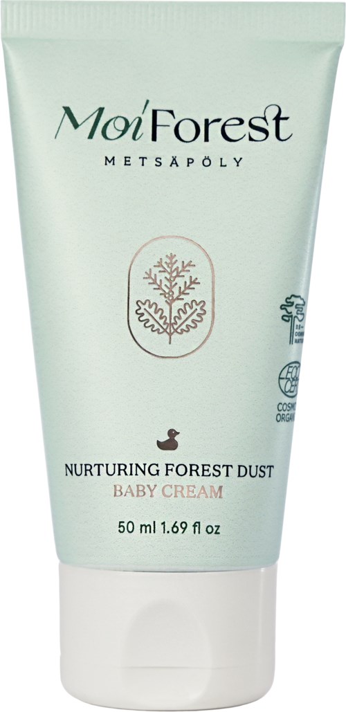 Moì Forest nurturing baby cream, 50ml, with tree logo and organic symbol on packaging.