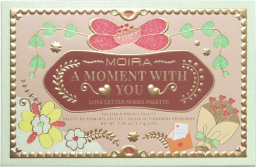 A decorated box features hearts, flowers, a butterfly, and pastel colors, with text about a love-themed makeup palette.