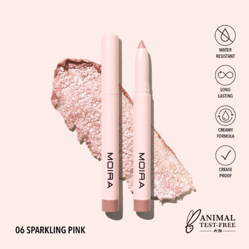 Two pink crayon-like sticks labeled 'MOIRA' with a pink makeup product background. Symbols show water resistance, long-lasting, creamy, crease-proof.