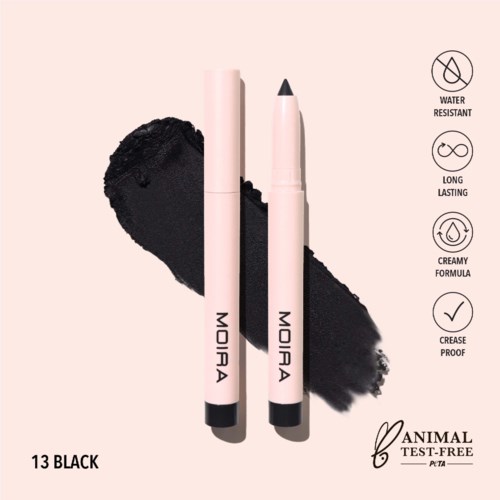 Black lipstick sticks with water-resistant, long-lasting, creamy formula, leak-proof, labeled as '13 Black', from Moira, animal test-free.