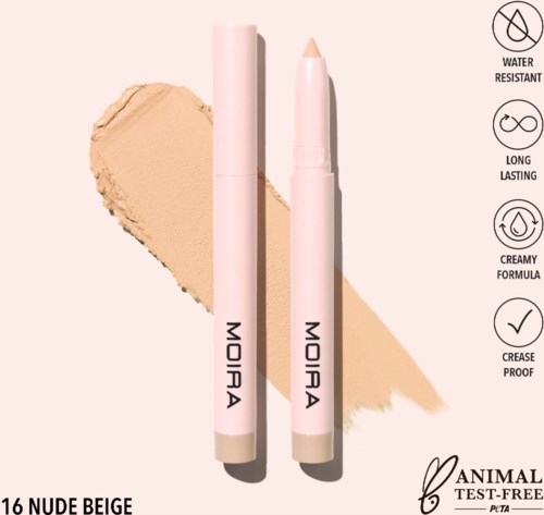 A beige concealer stick with a pink cap, showing benefits like water resistance and long-lasting formula.