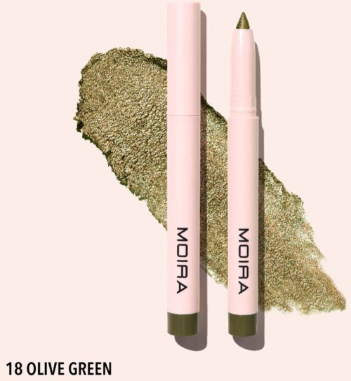 Two pink makeup sticks, one with a cap and one with a tip, on a gold textured background. Text says '18 OLIVE GREEN'.