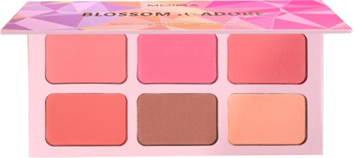 Six pink and peach blushes in a pink palette with a geometric design on the lid.