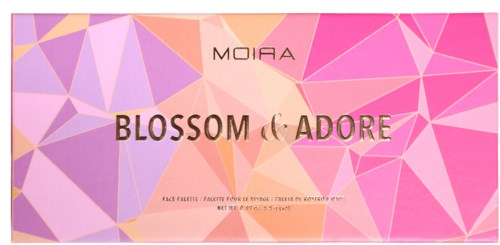 Colorful geometric background with text about a makeup palette named Blossom & Adore.