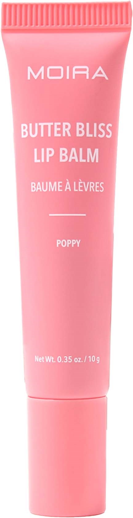 Valkoinen huulirasvaputki, jonka etiketissä lukee Moira Butter Bliss Poppy-aromilla.