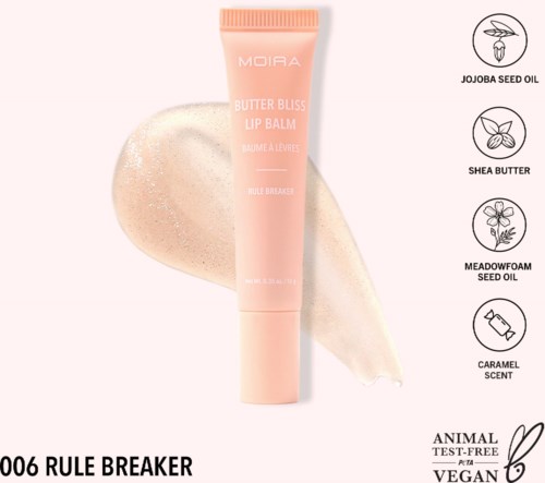 Pinkki Moira Butter Bliss Huulipuna, joka sisältää Jojoba Seed Oil ja Shea Butter, vegaani ja testivapaa.