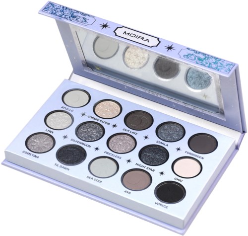 An eyeshadow palette with 16 shades, including light, dark, and glittery colors, labeled with names.