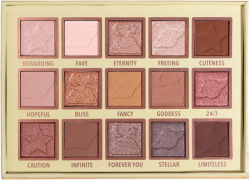 A colorful eyeshadow palette with 12 shades named Rewarding, Fave, Eternity, Freeing, Cuteness, Hopeful, Bliss, Fancy, Goddess, 24/7, Caution, Infinite, Forever You, Stellar, and Limitless.