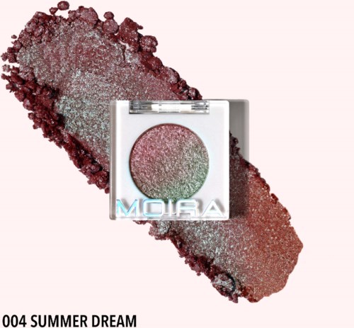 A sparkly pink and green eyeshadow with a silver compact, labeled '004 SUMMER DREAM.'